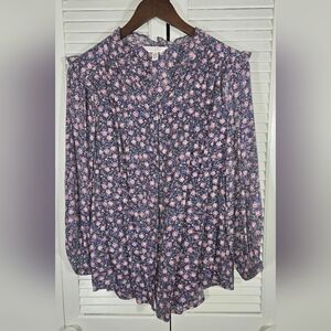 Lauren Conrad Button Down Floral Print Balloon Sleeves Ruffled Peasant Blouse 0X